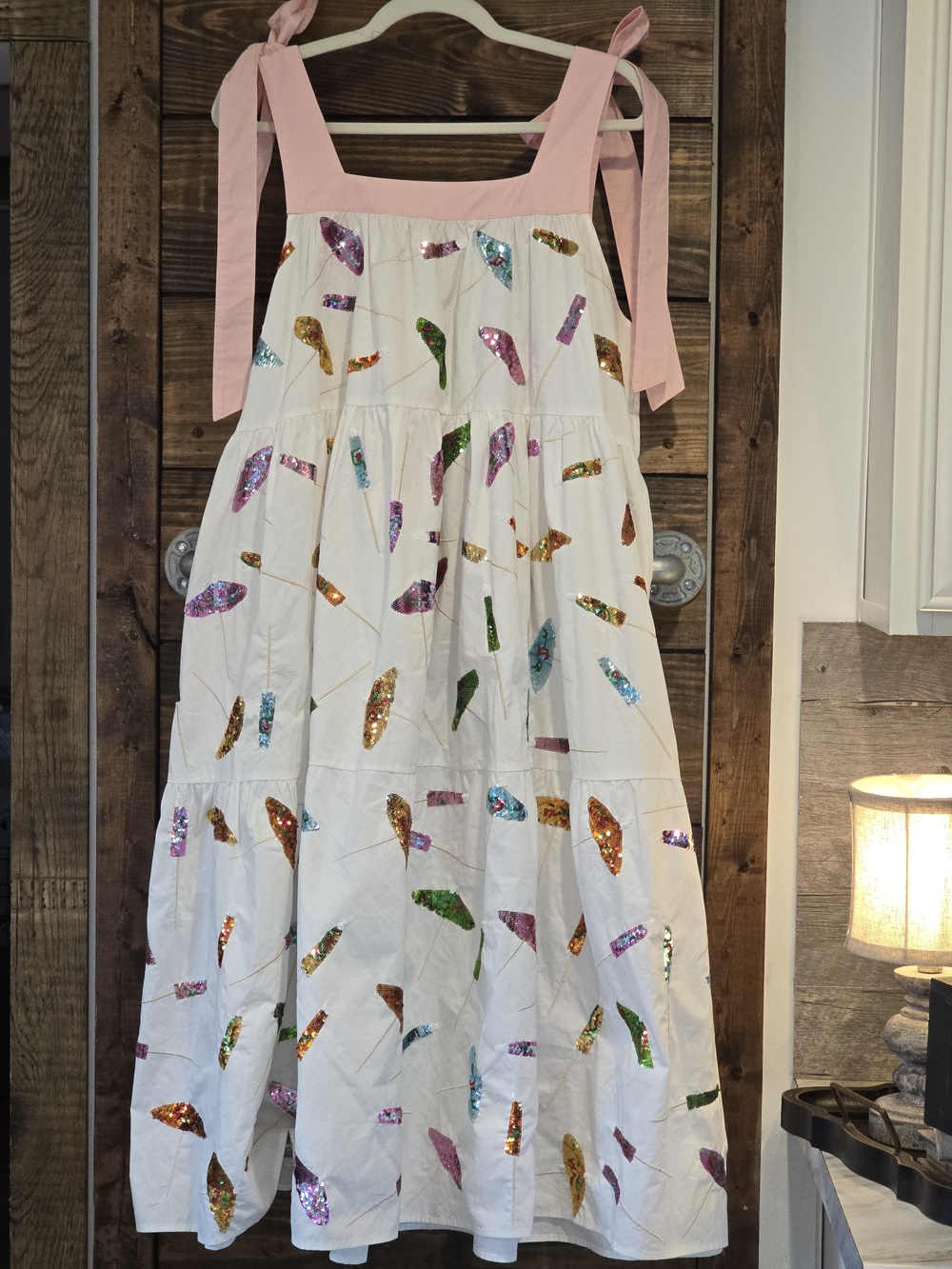 QUEEN OF SPARKLES White Midi Dress with Pink Tie Straps and Multicolor Sequins